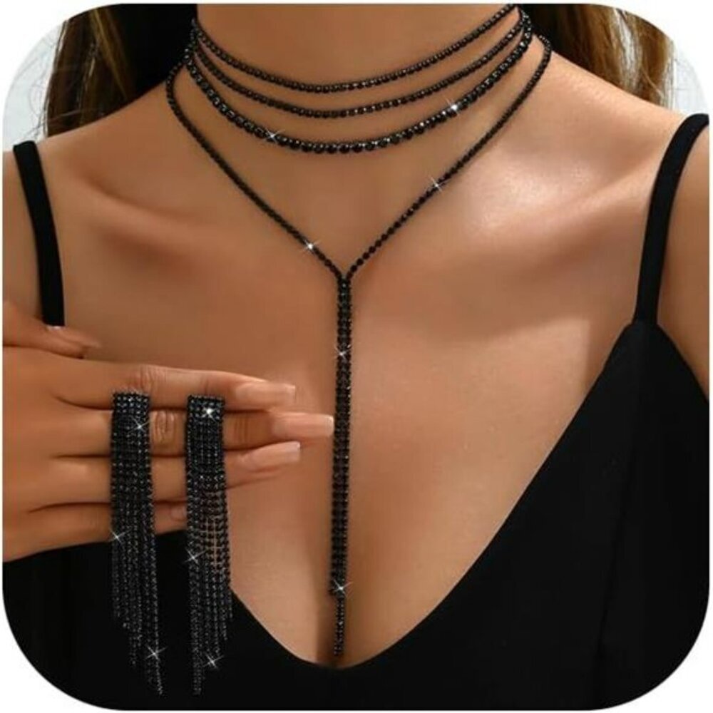Bridal Rhinestone Jewelry Set Crystal Necklace Long Tassel Earrings Prom Wedding